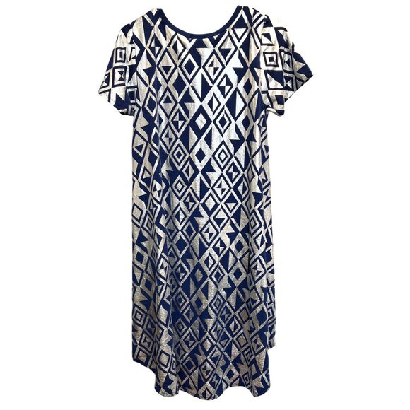 LuLaRoe Blue & Silver Geometric Print Short Sleeve Small Dress Front Pocket - Picture 2 of 2